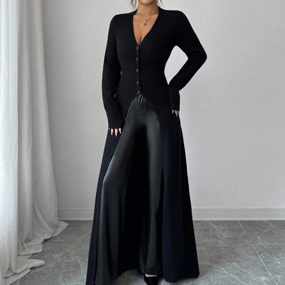 Black Elegant Casual Women's Long Length Slim Fit Knit Cardigan - Picture 4 of 7